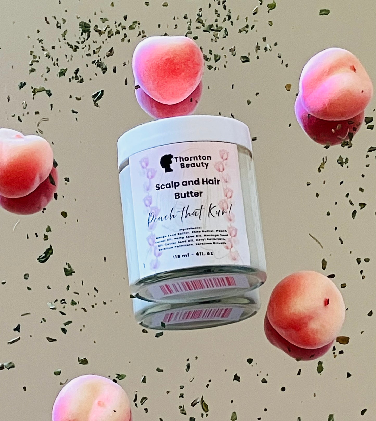Thornton Beauty Scalp and Hair Butter with peaches on a beige background